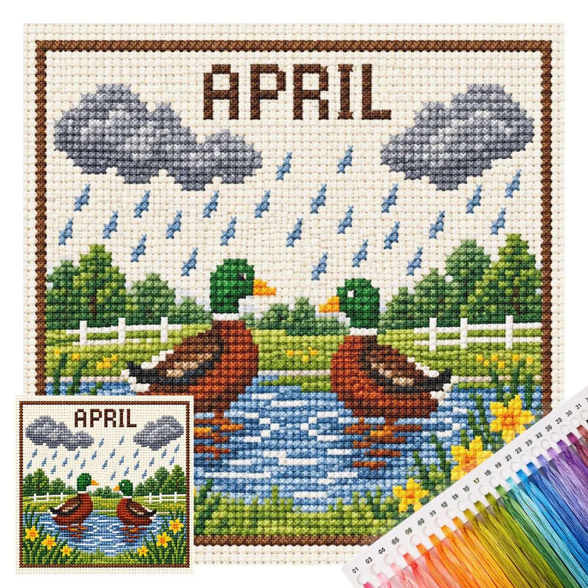 April Rainy Ducks - Full 14CT Stamped Cross Stitch 40x40CM - Huacan