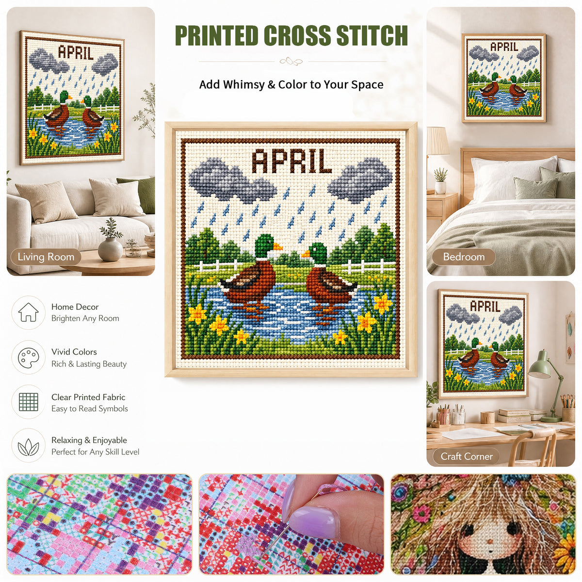 April Rainy Ducks - Full 14CT Stamped Cross Stitch 40x40CM - Huacan