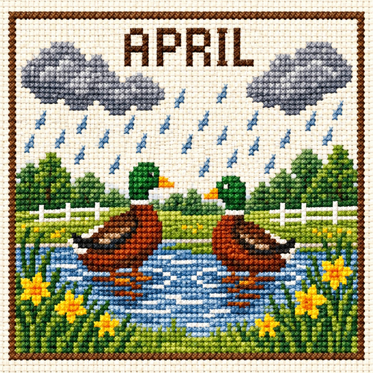 April Rainy Ducks - Full 14CT Stamped Cross Stitch 40x40CM - Huacan