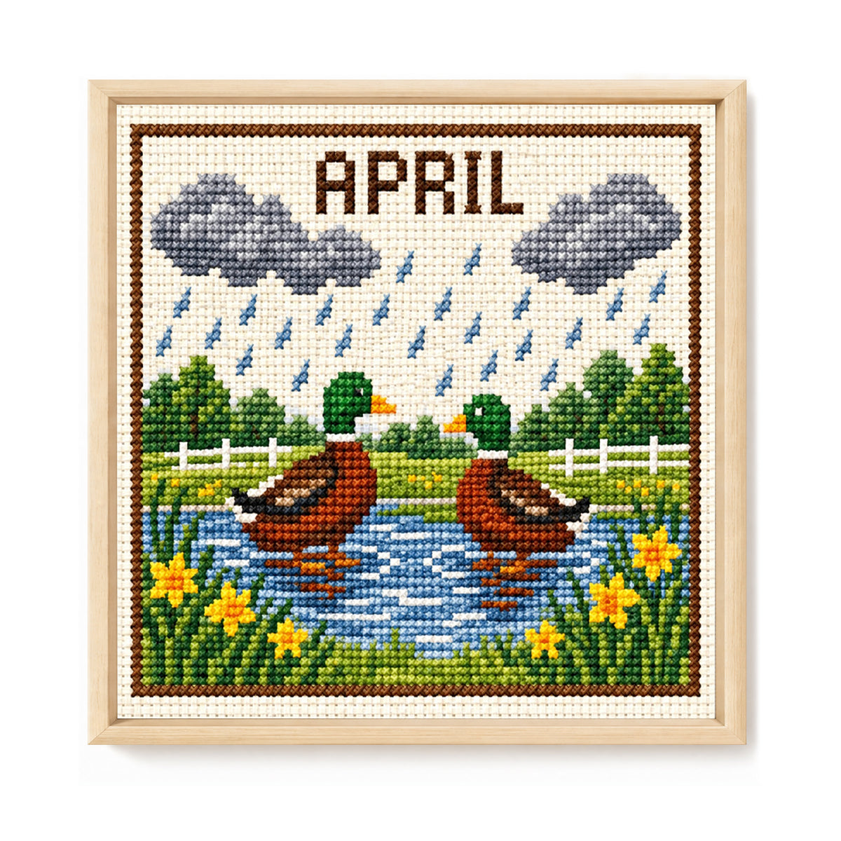April Rainy Ducks - Full 14CT Stamped Cross Stitch 40x40CM - Huacan