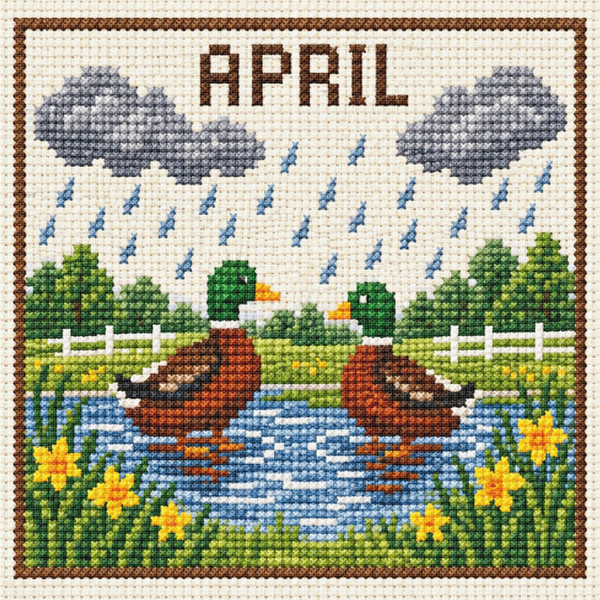 April Rainy Ducks - Full 14CT Stamped Cross Stitch 40x40CM - Huacan