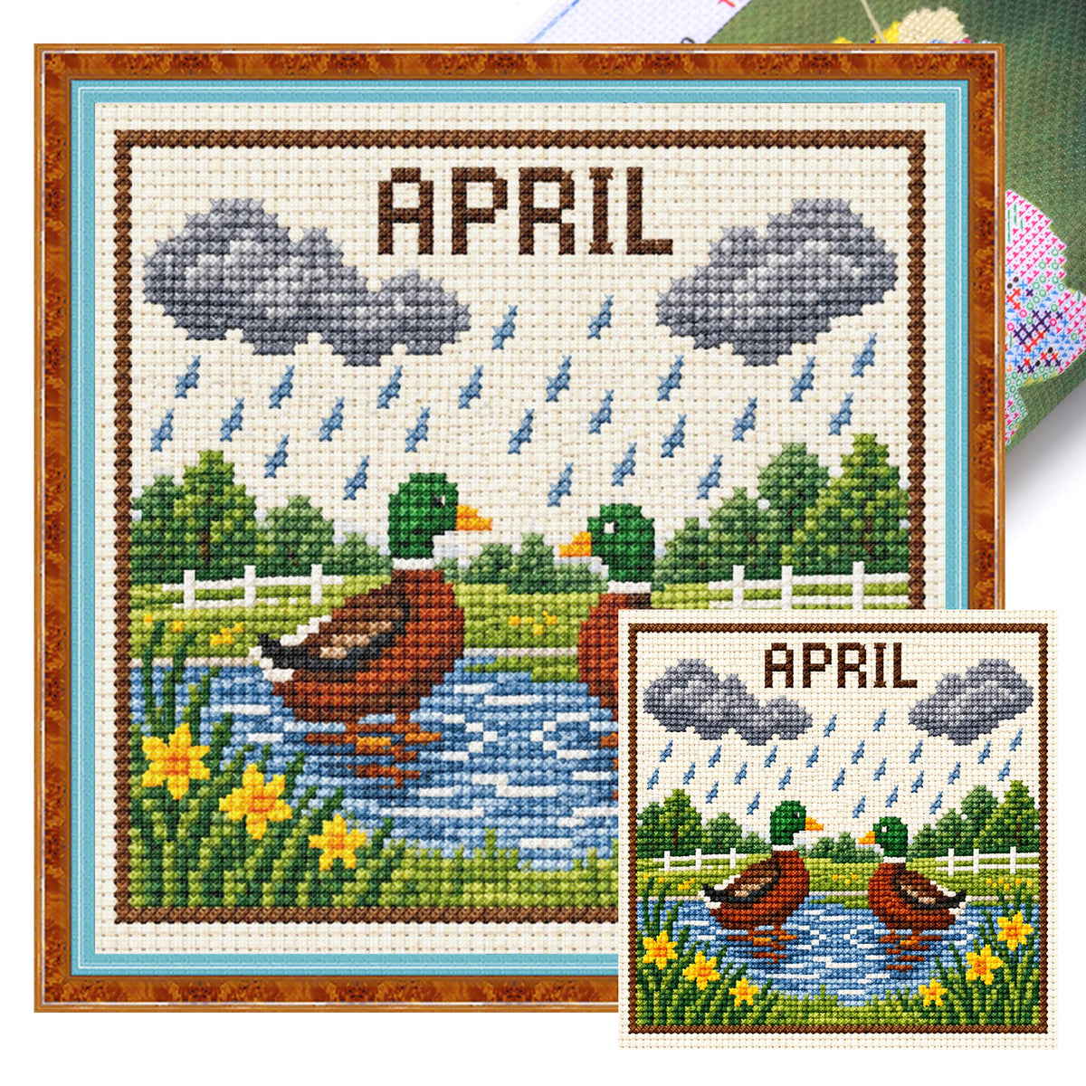 April Rainy Ducks - Full 14CT Stamped Cross Stitch 40x40CM - Huacan