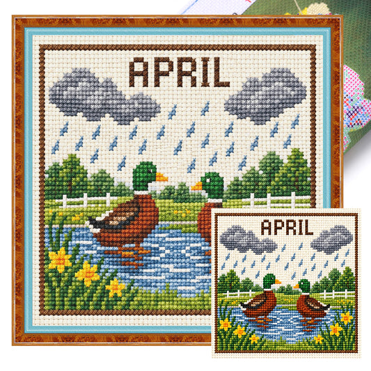 April Rainy Ducks – Vollständiges 14CT gestempeltes Kreuzstich-Set 40x40CM – Huacan