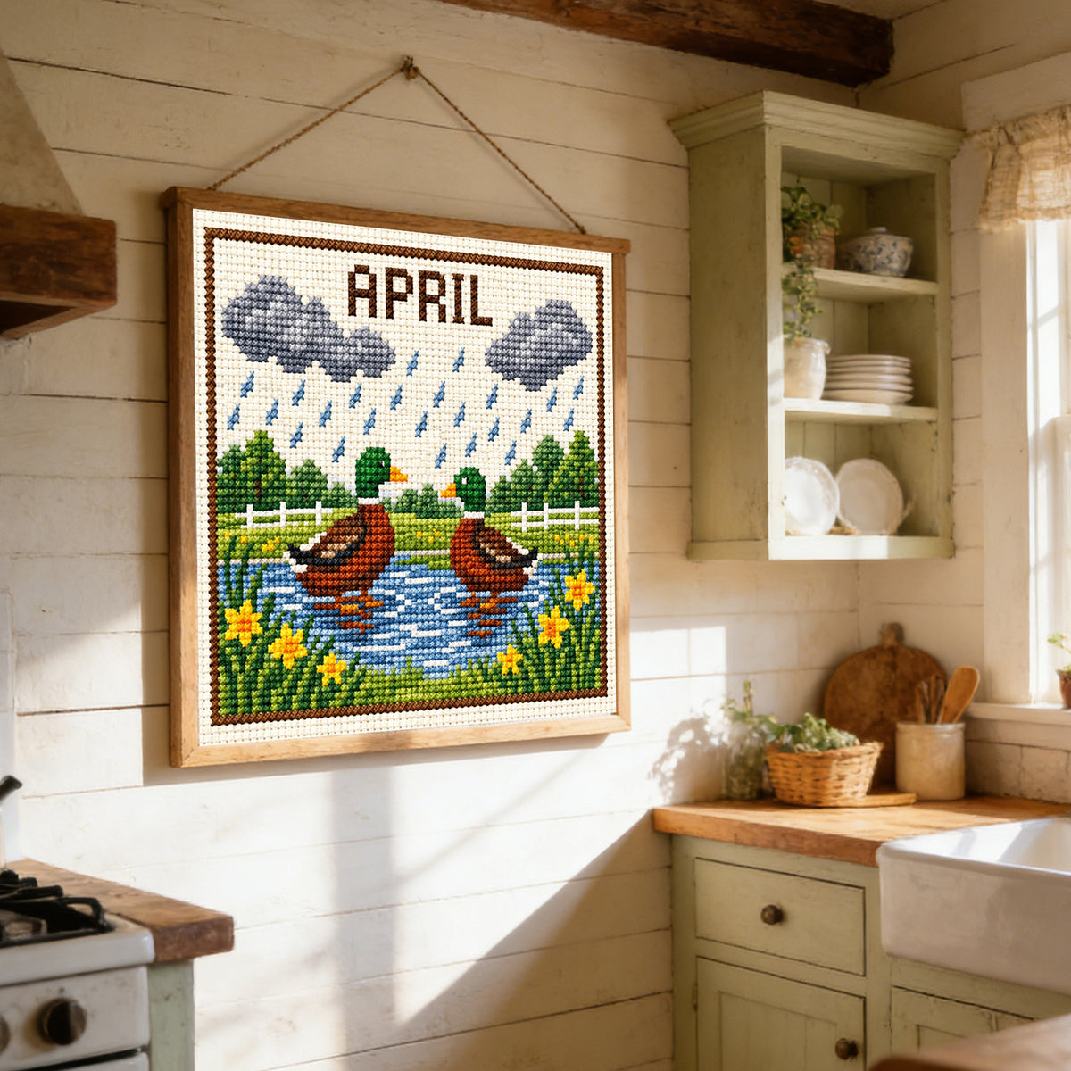 April Rainy Ducks - Full 14CT Stamped Cross Stitch 40x40CM - Huacan