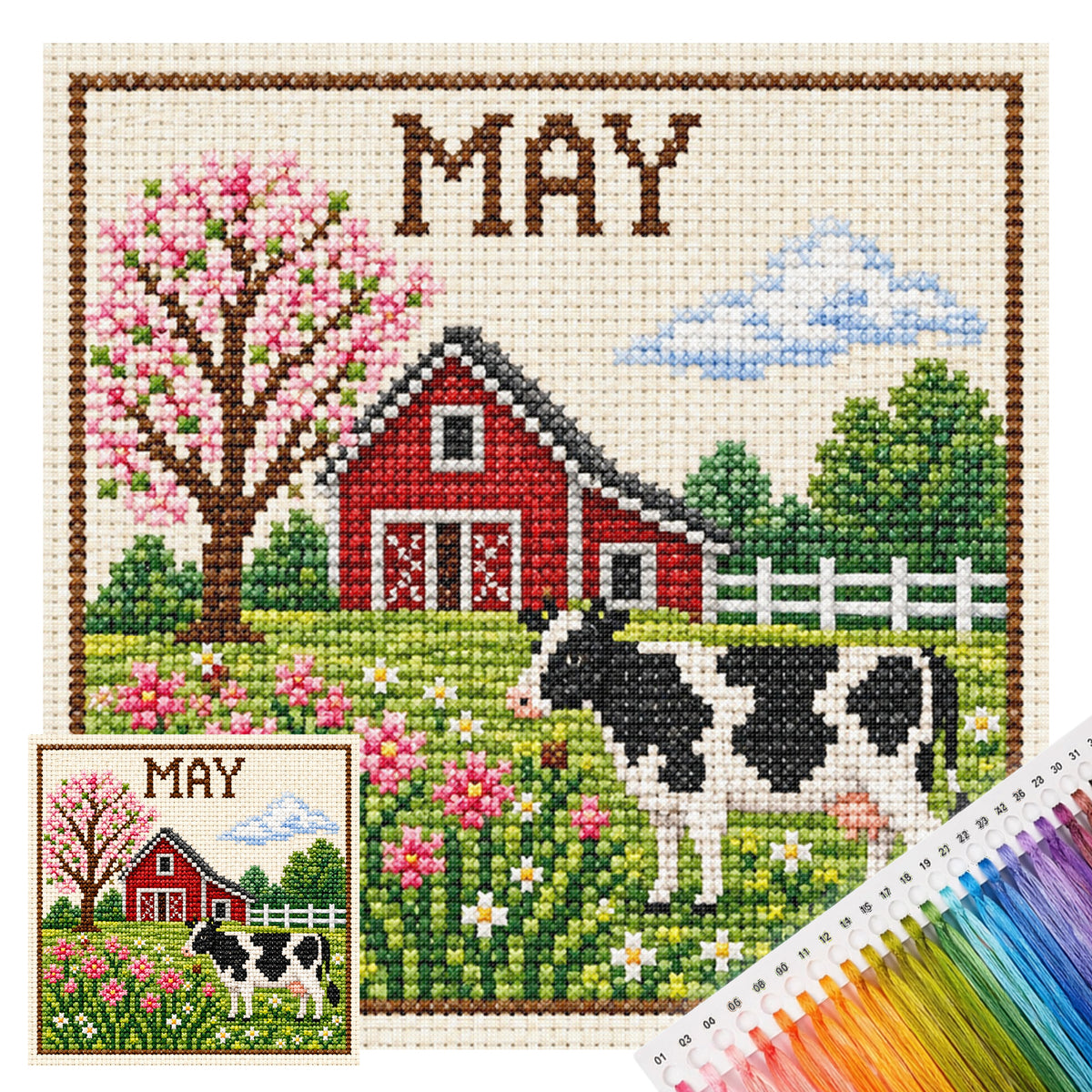 Kühe auf der Maiweide - Vollständiges 14CT Stempel-Kreuzstich-Set 40x40CM - Huacan