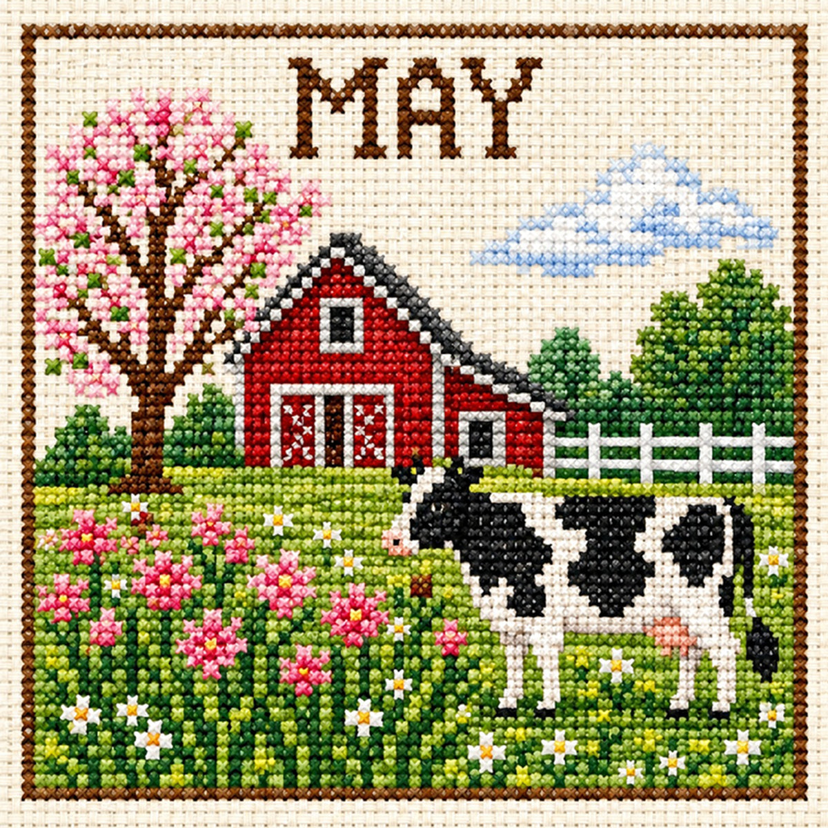 Kühe auf der Maiweide - Vollständiges 14CT Stempel-Kreuzstich-Set 40x40CM - Huacan