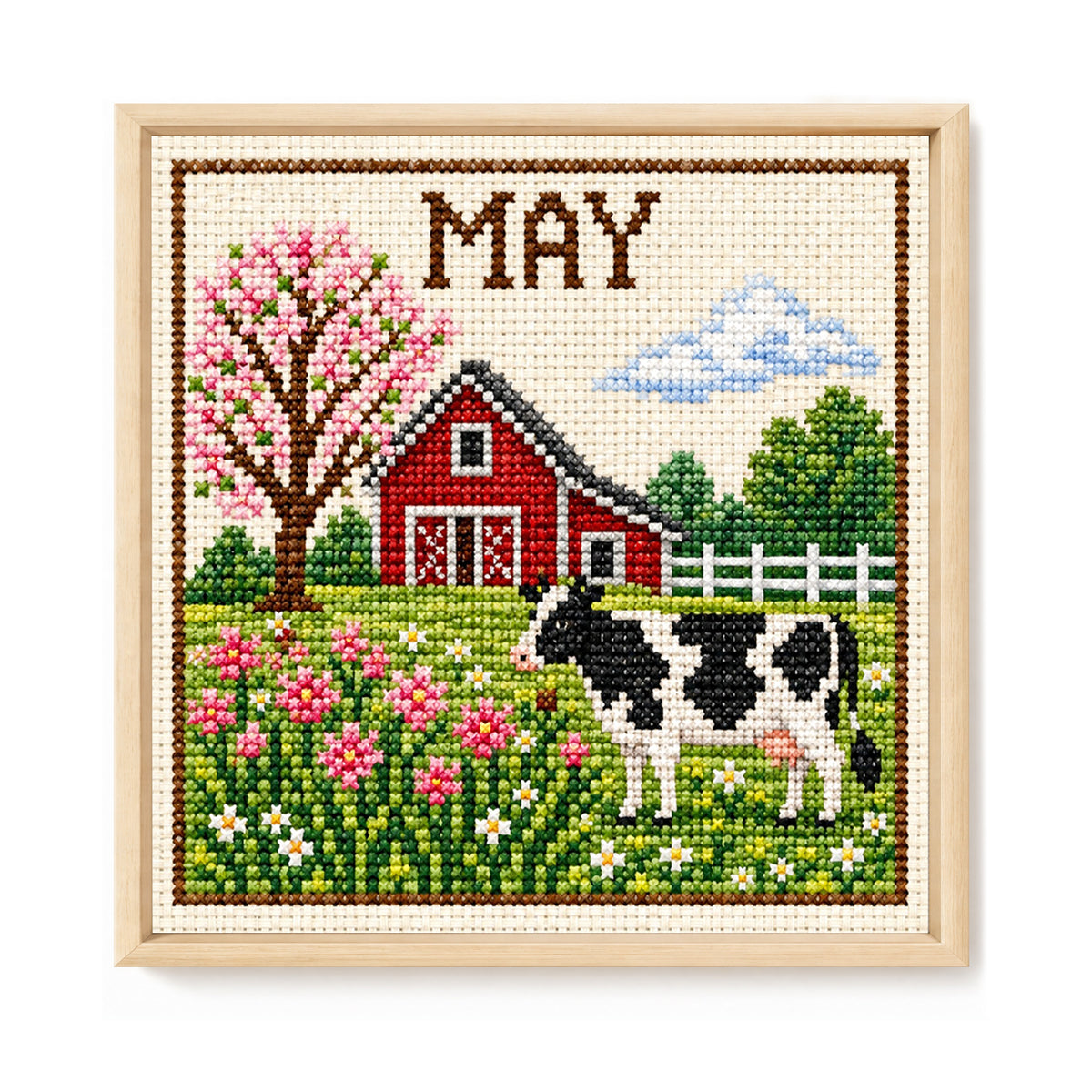 Kühe auf der Maiweide - Vollständiges 14CT Stempel-Kreuzstich-Set 40x40CM - Huacan
