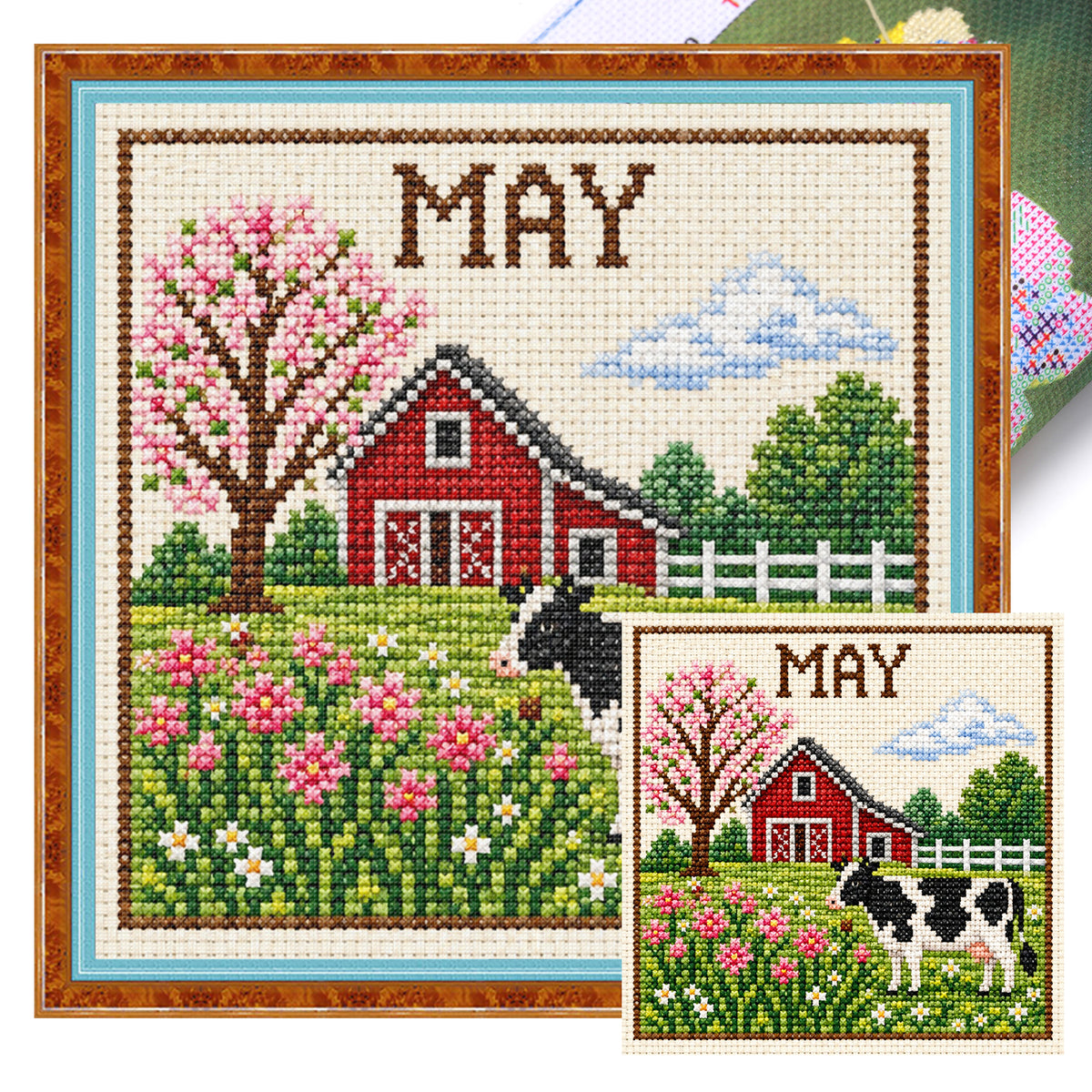 Kühe auf der Maiweide - Vollständiges 14CT Stempel-Kreuzstich-Set 40x40CM - Huacan