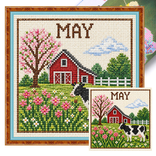 Kühe auf der Maiweide - Vollständiges 14CT Stempel-Kreuzstich-Set 40x40CM - Huacan