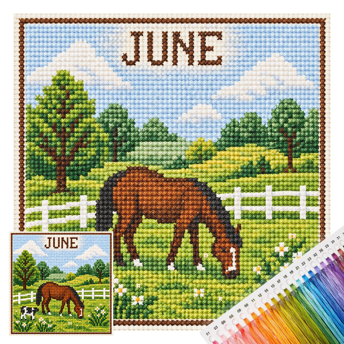 June Pasture Horses - Full 14CT Stamped Cross Stitch 40x40CM - Huacan