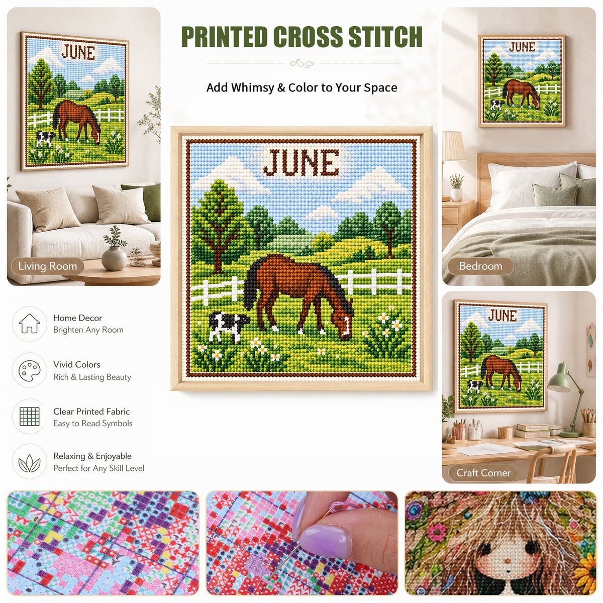 June Pasture Horses - Full 14CT Stamped Cross Stitch 40x40CM - Huacan