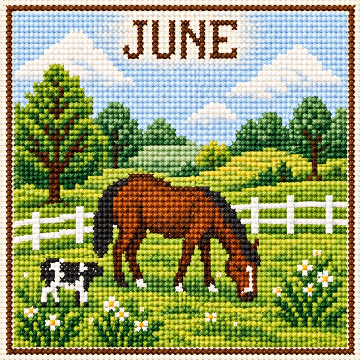 June Pasture Horses - Full 14CT Stamped Cross Stitch 40x40CM - Huacan