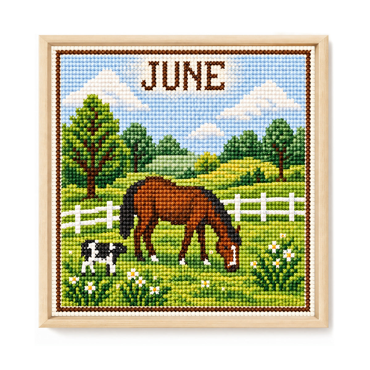 June Pasture Horses - Full 14CT Stamped Cross Stitch 40x40CM - Huacan