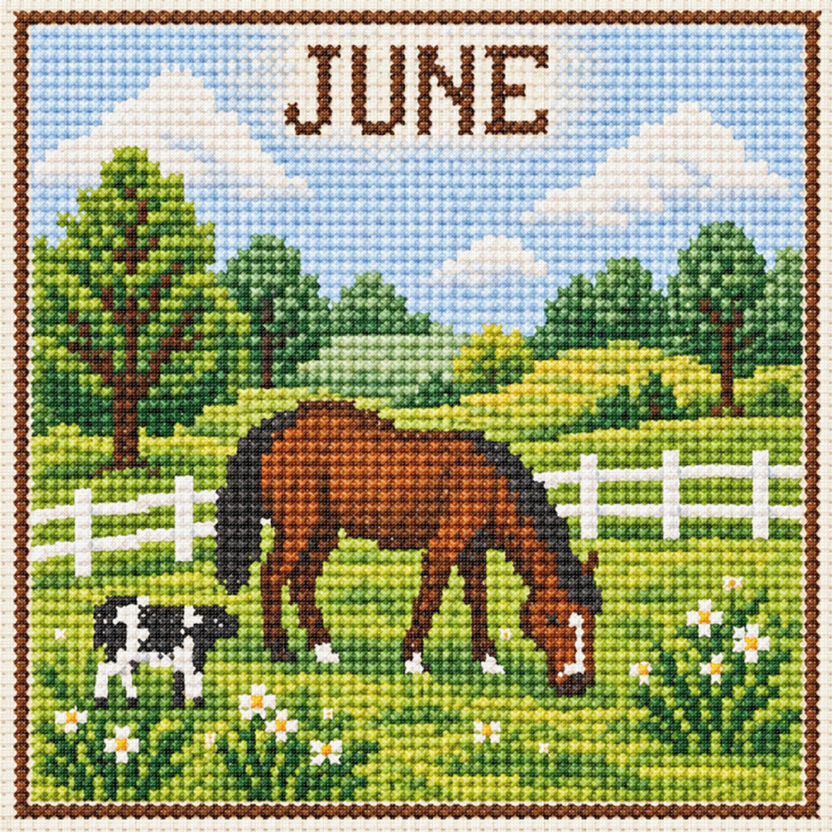 June Pasture Horses - Full 14CT Stamped Cross Stitch 40x40CM - Huacan
