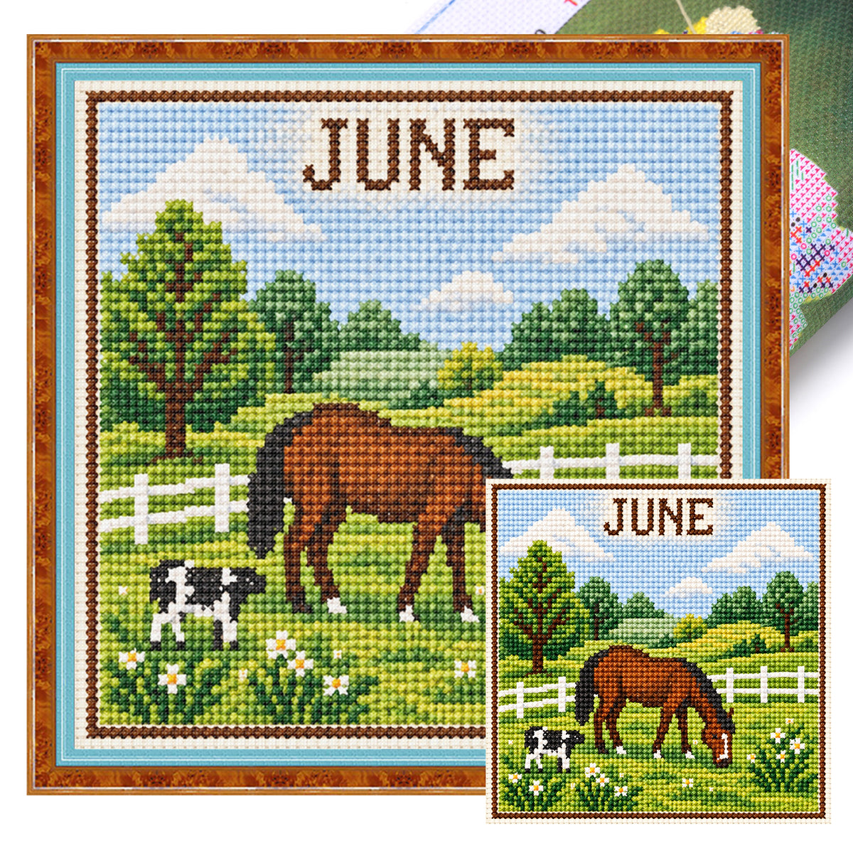 June Pasture Horses - Full 14CT Stamped Cross Stitch 40x40CM - Huacan