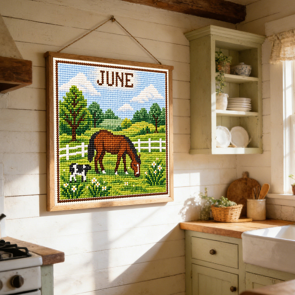 June Pasture Horses - Full 14CT Stamped Cross Stitch 40x40CM - Huacan