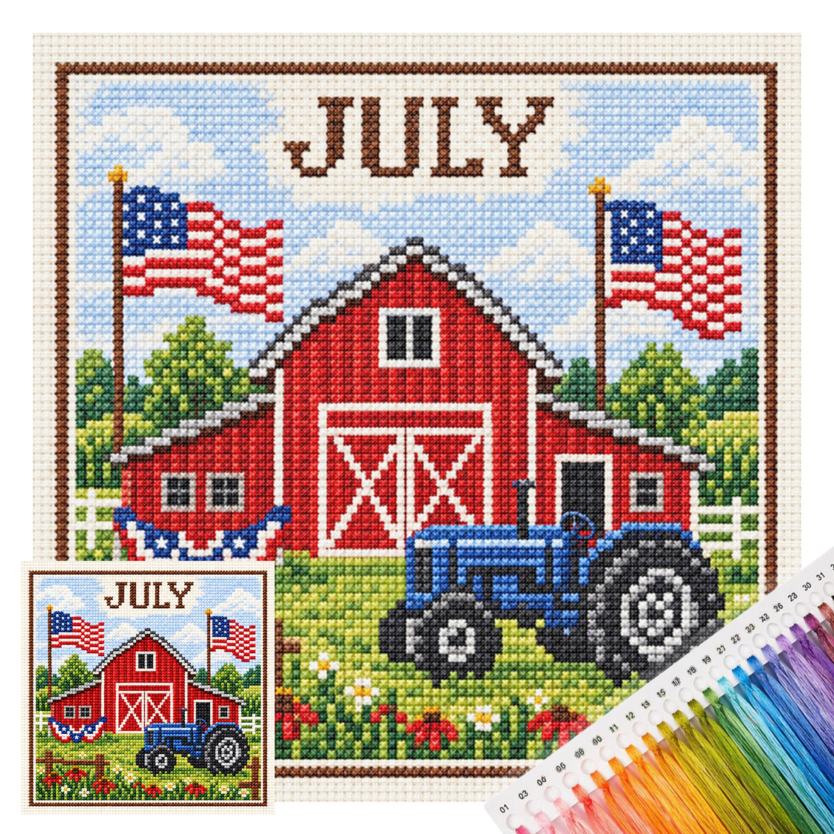 July Farm Tractor - Full 14CT Stamped Cross Stitch 40x40CM - Huacan