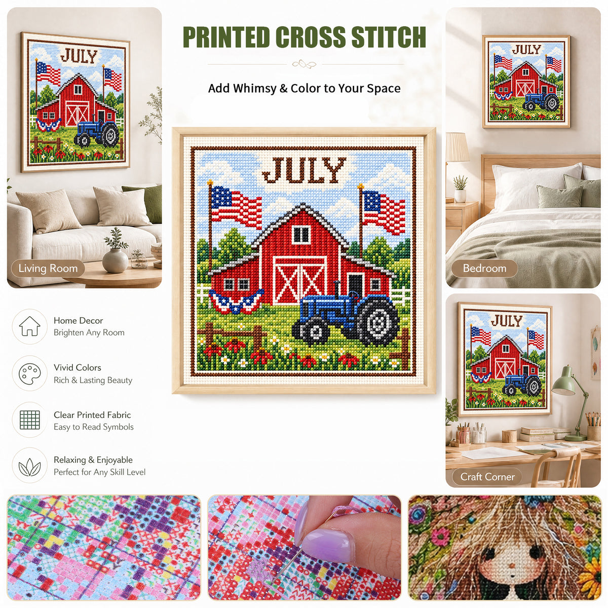 July Farm Tractor - Full 14CT Stamped Cross Stitch 40x40CM - Huacan