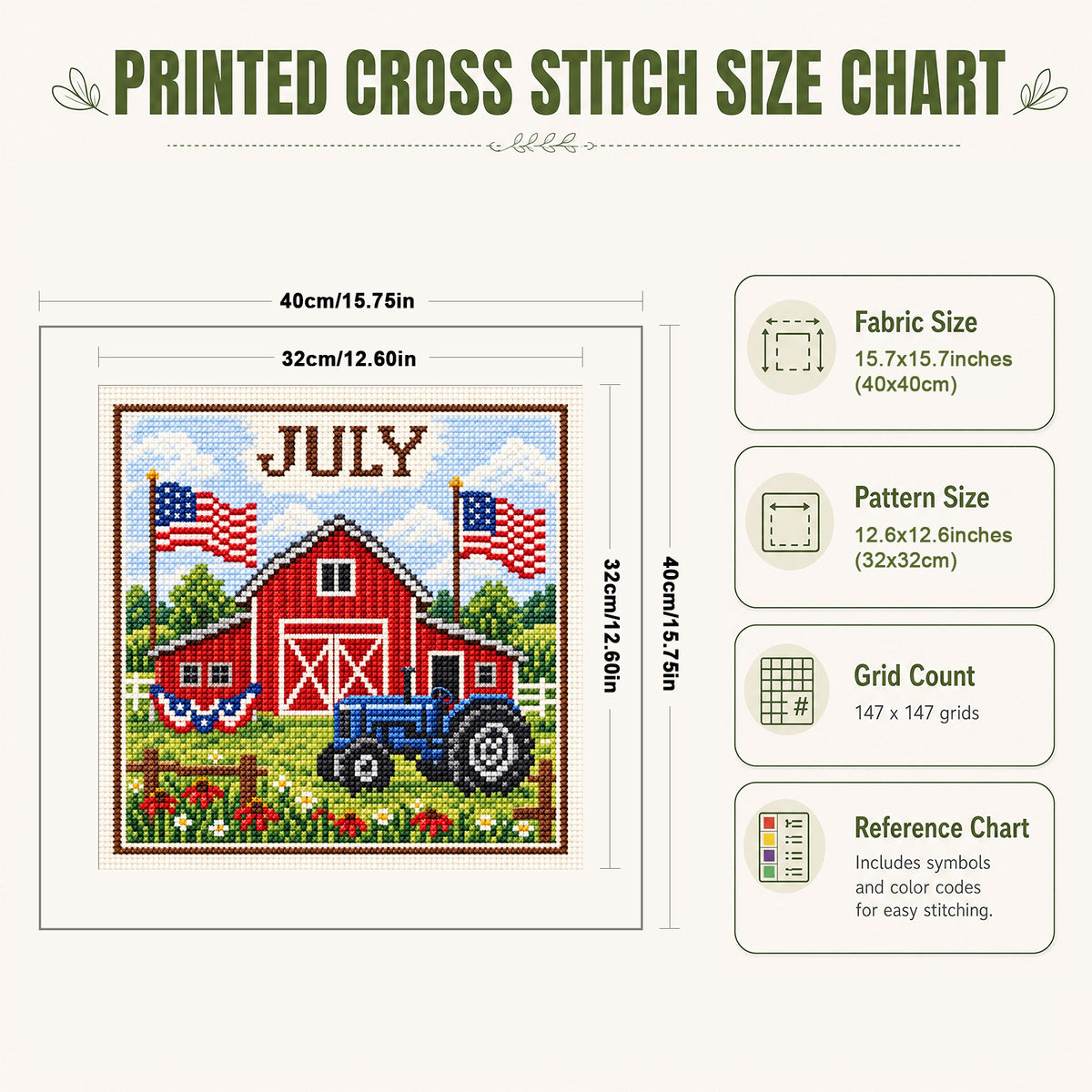 July Farm Tractor - Full 14CT Stamped Cross Stitch 40x40CM - Huacan