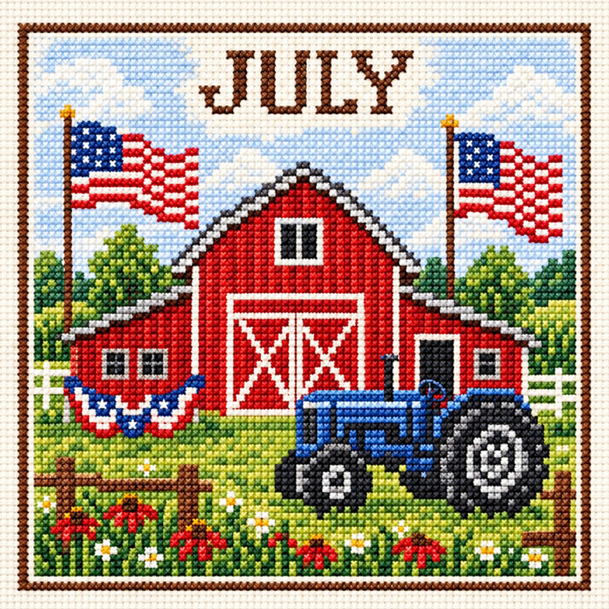 July Farm Tractor - Full 14CT Stamped Cross Stitch 40x40CM - Huacan