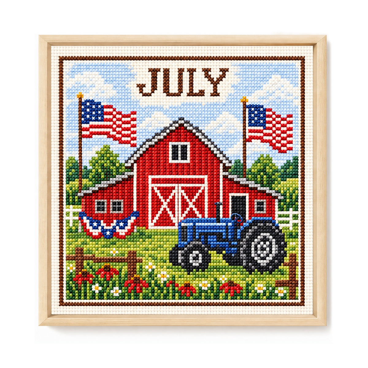 July Farm Tractor - Full 14CT Stamped Cross Stitch 40x40CM - Huacan