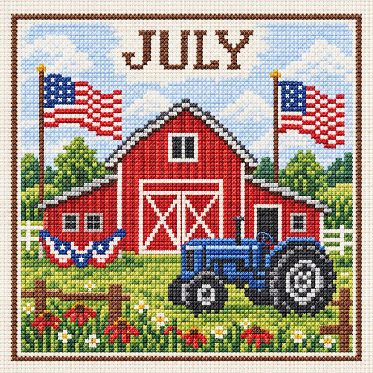 July Farm Tractor - Full 14CT Stamped Cross Stitch 40x40CM - Huacan
