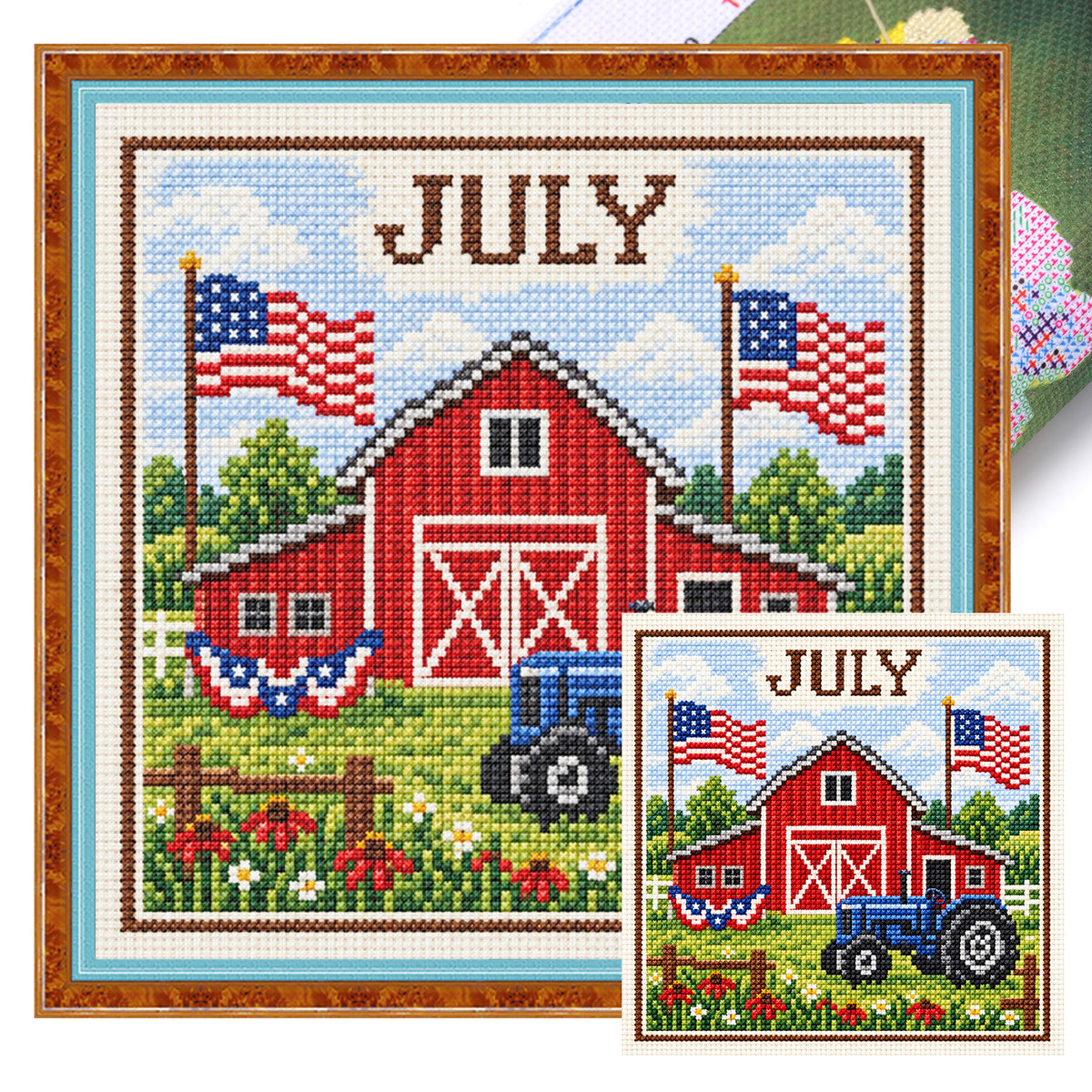 July Farm Tractor - Full 14CT Stamped Cross Stitch 40x40CM - Huacan
