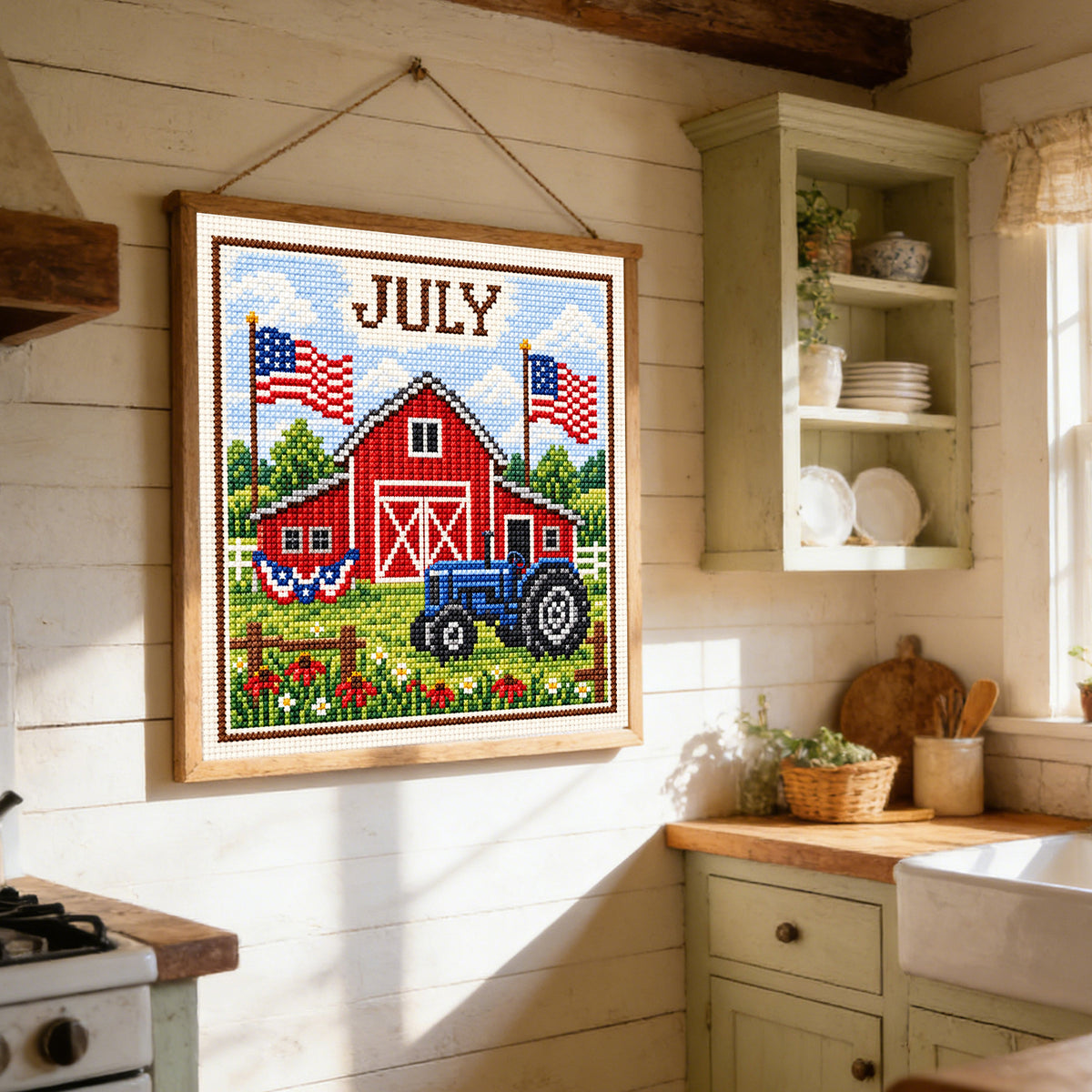 July Farm Tractor - Full 14CT Stamped Cross Stitch 40x40CM - Huacan