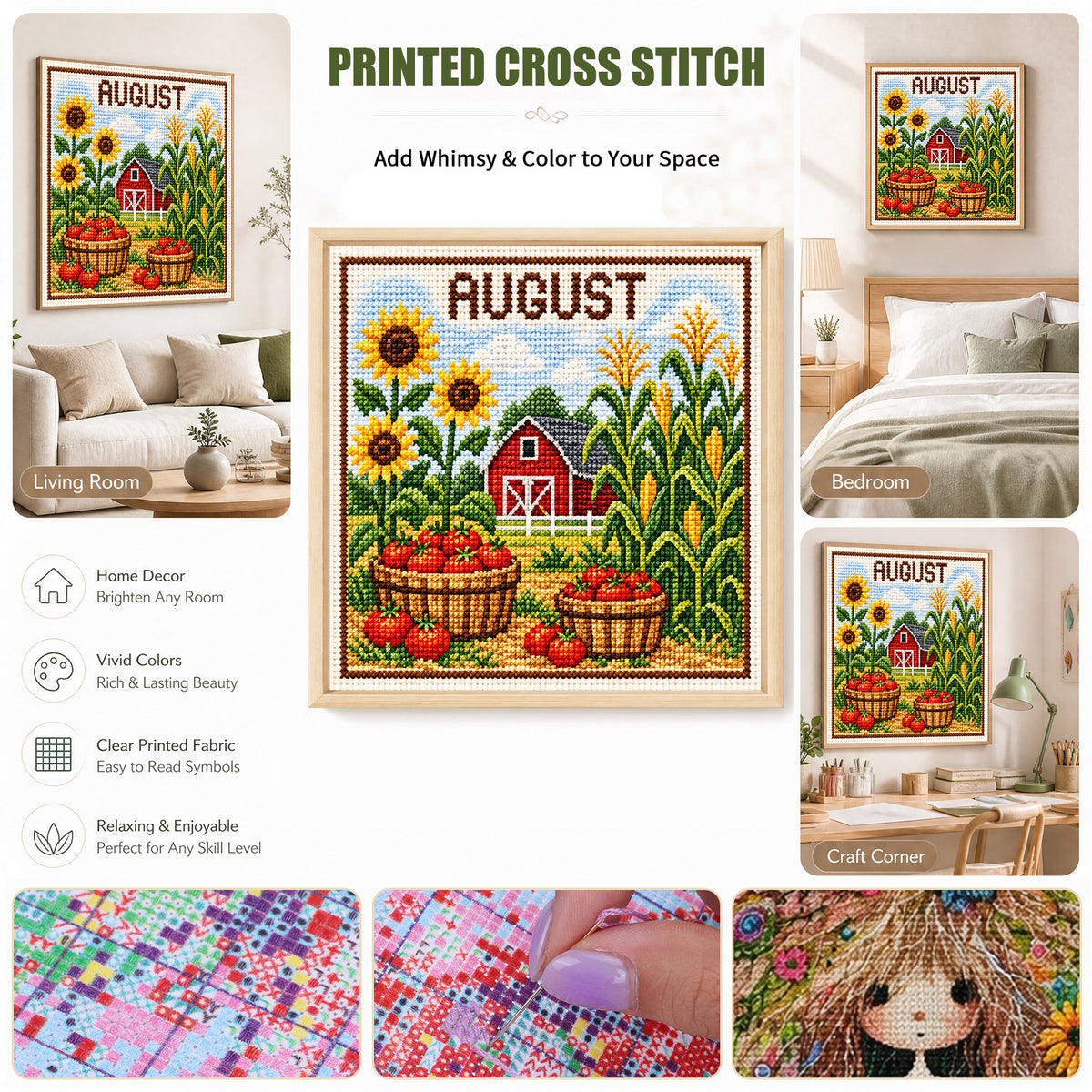 August Sunflower Orchard - Full 14CT Stamped Cross Stitch 40x40CM - Huacan