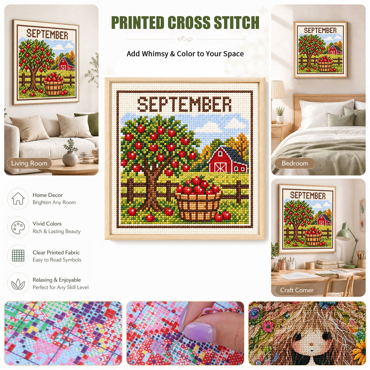 September Apple Harvest - Full 14CT Stamped Cross Stitch 40x40CM - Huacan