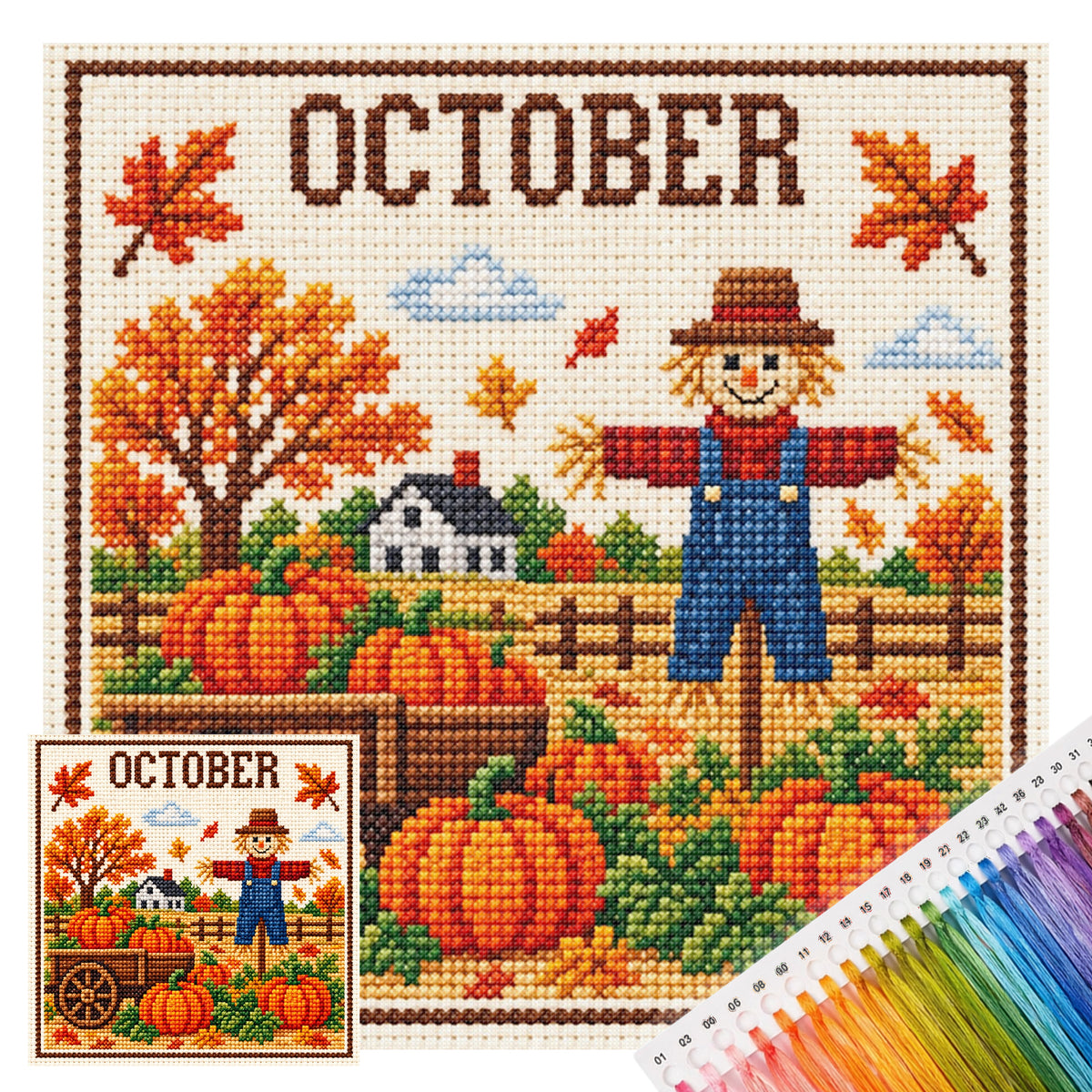Oktober-Kürbis-Vogelscheuche – Vollständiges 14CT-Stempel-Kreuzstichset 40x40CM – Huacan