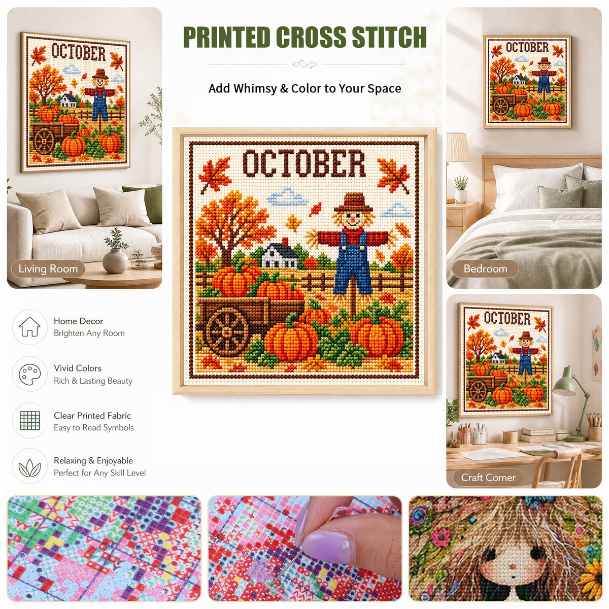 Oktober-Kürbis-Vogelscheuche – Vollständiges 14CT-Stempel-Kreuzstichset 40x40CM – Huacan
