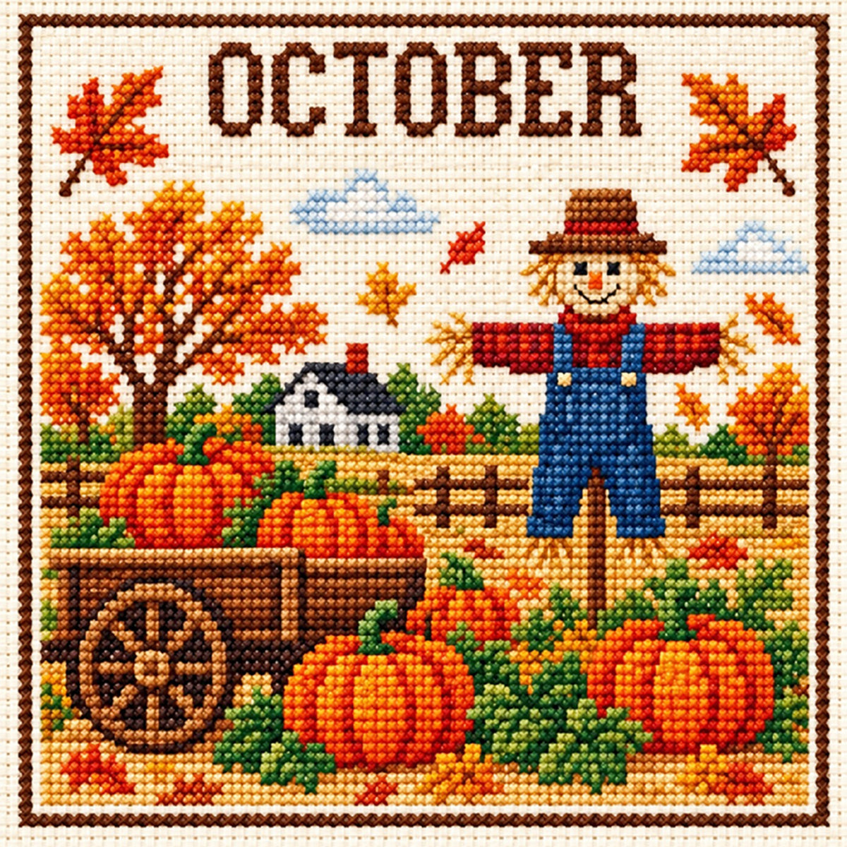 Oktober-Kürbis-Vogelscheuche – Vollständiges 14CT-Stempel-Kreuzstichset 40x40CM – Huacan