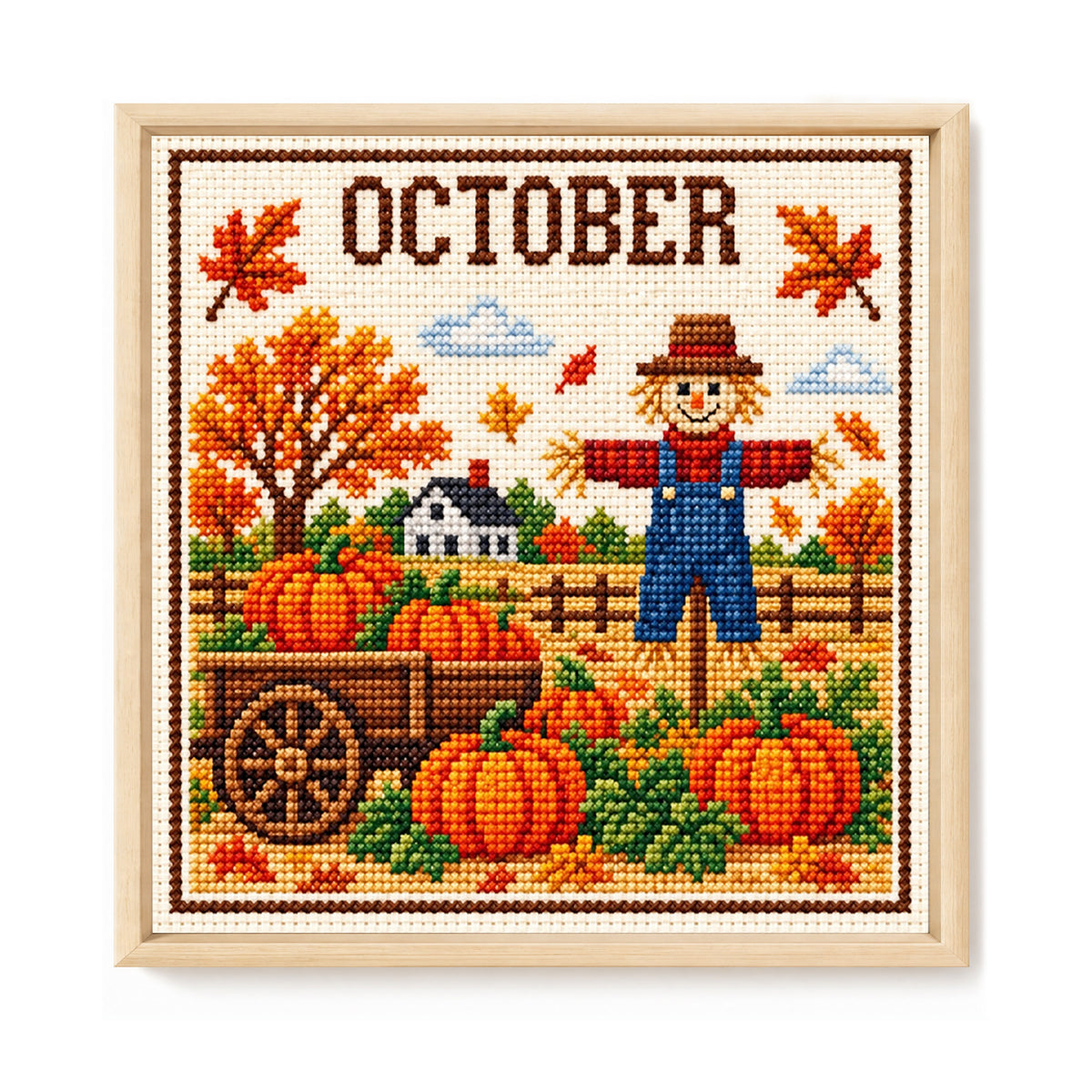 Oktober-Kürbis-Vogelscheuche – Vollständiges 14CT-Stempel-Kreuzstichset 40x40CM – Huacan