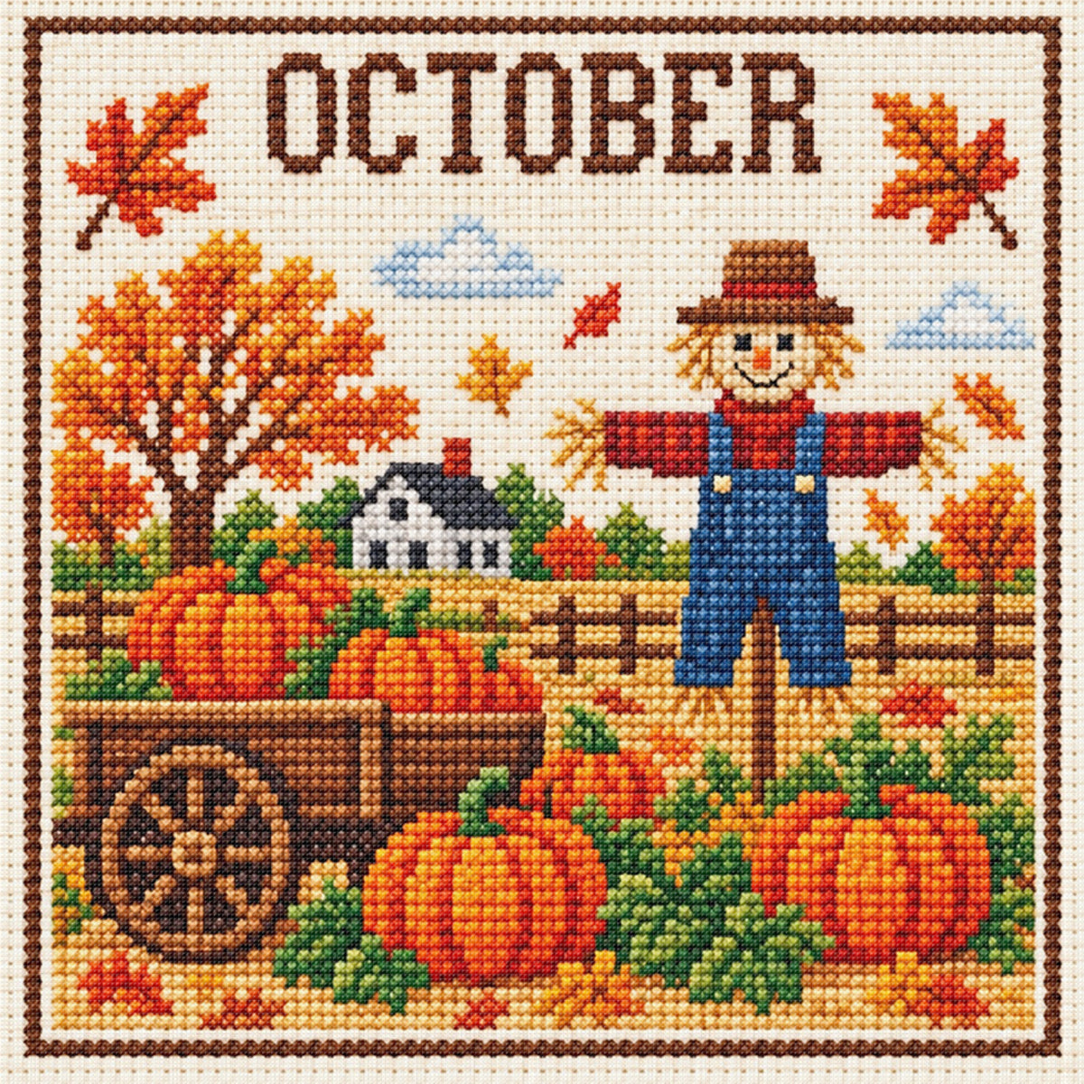 Oktober-Kürbis-Vogelscheuche – Vollständiges 14CT-Stempel-Kreuzstichset 40x40CM – Huacan