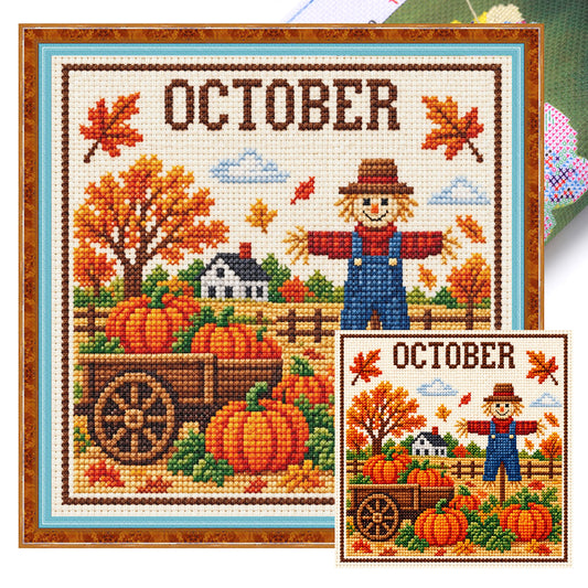 Oktober-Kürbis-Vogelscheuche – Vollständiges 14CT-Stempel-Kreuzstichset 40x40CM – Huacan