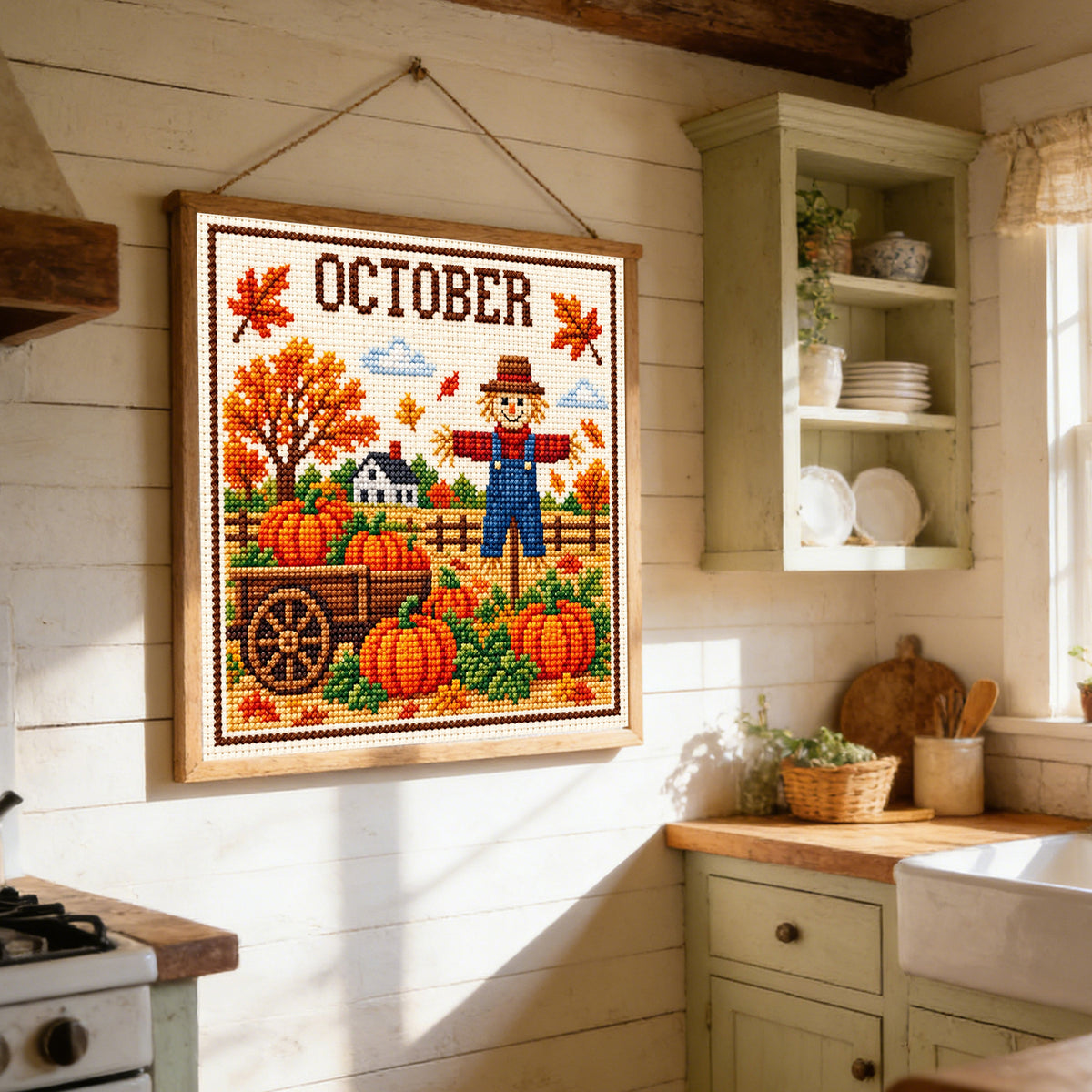 Oktober-Kürbis-Vogelscheuche – Vollständiges 14CT-Stempel-Kreuzstichset 40x40CM – Huacan