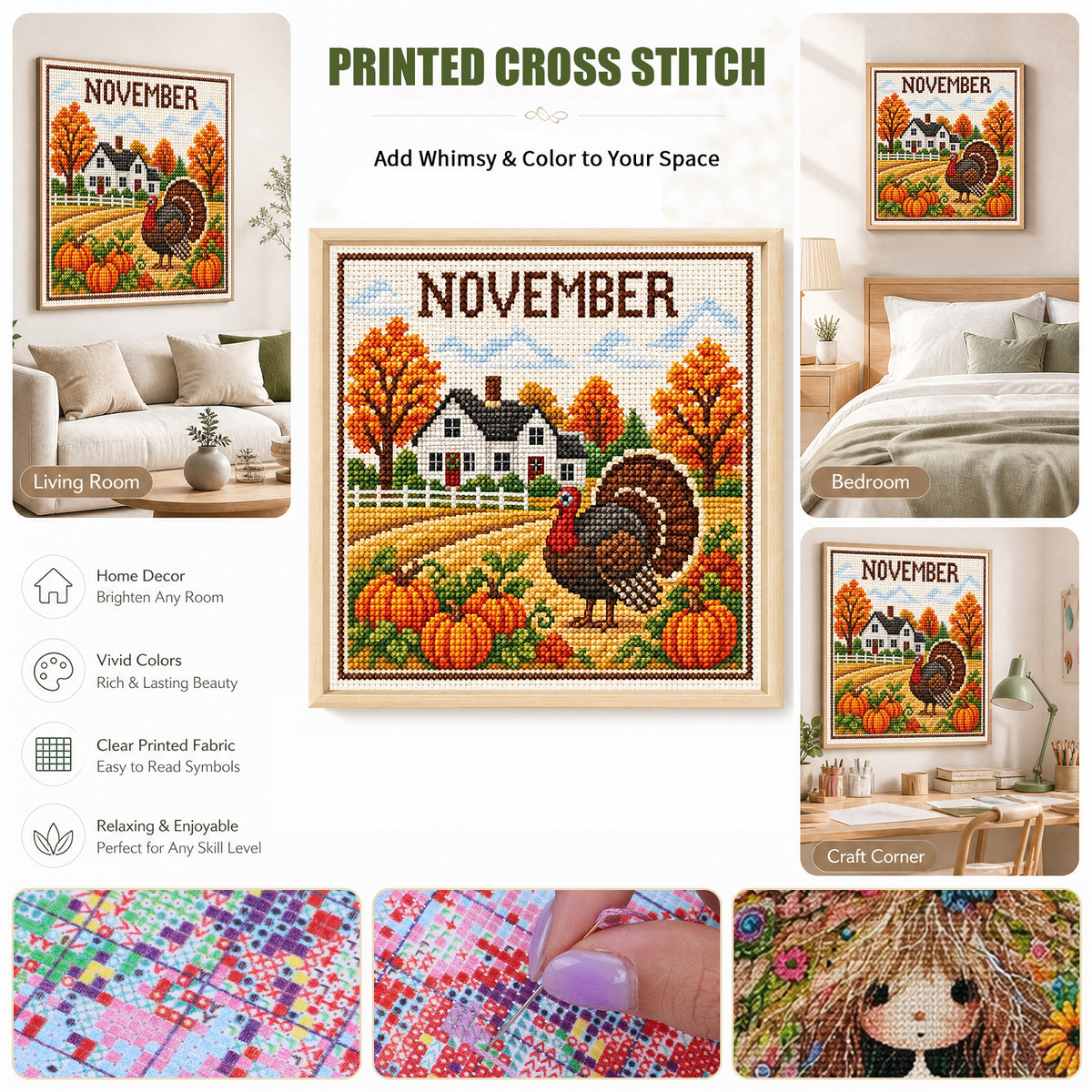 November Turkey Autumn Scene - Full 14CT Stamped Cross Stitch 40x40CM - Huacan