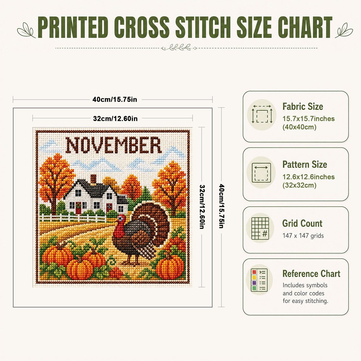 November Turkey Autumn Scene - Full 14CT Stamped Cross Stitch 40x40CM - Huacan
