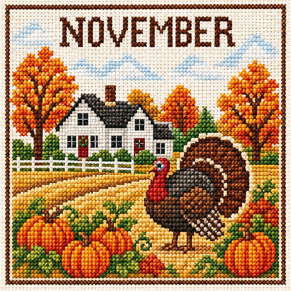 November Turkey Autumn Scene - Full 14CT Stamped Cross Stitch 40x40CM - Huacan