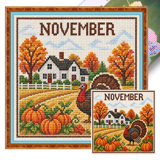 November Truthahn Herbstszene - Vollständiges 14CT gestempeltes Kreuzstich-Set 40x40CM - Huacan