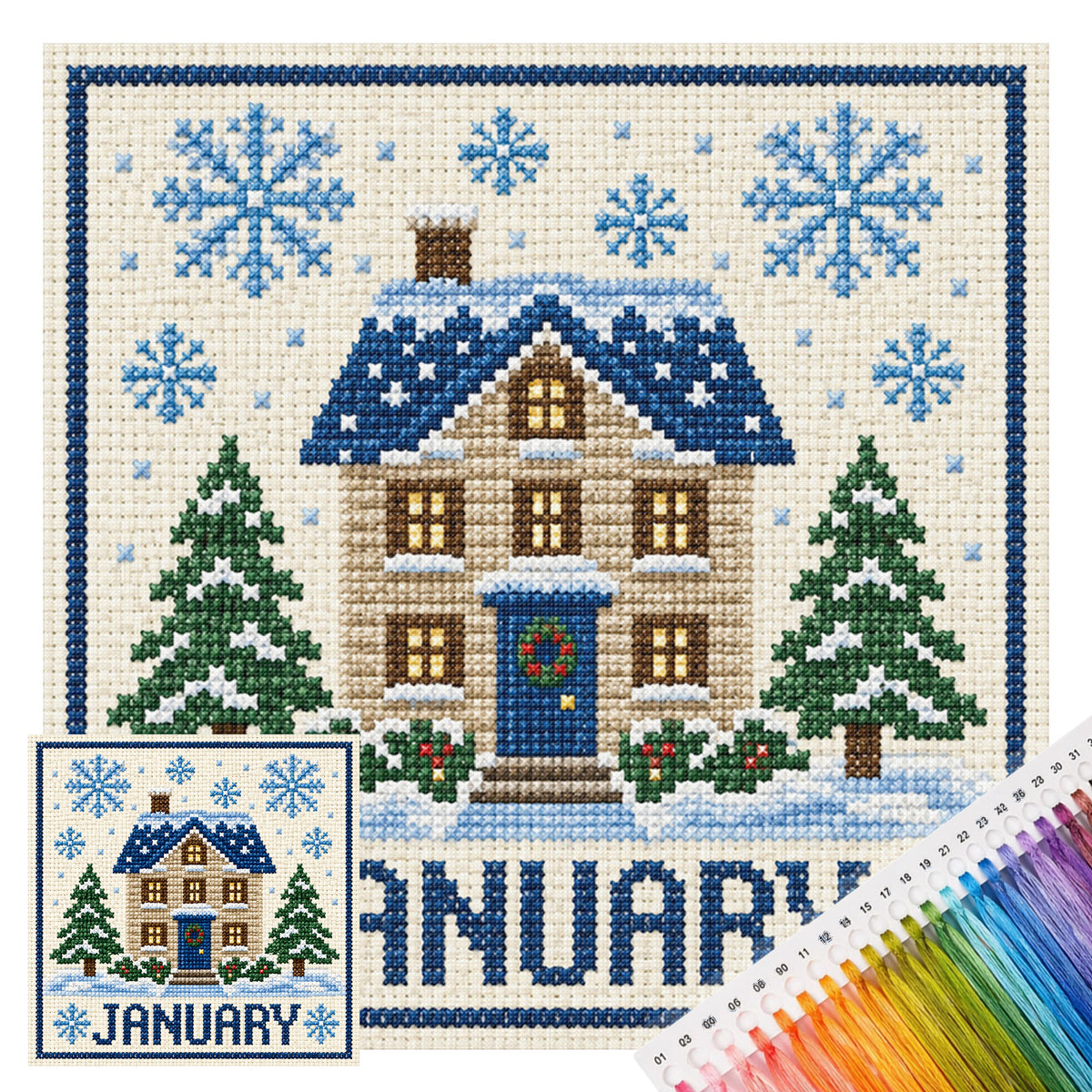 Januar Winterhaus – Vollständiges 14CT gestempeltes Kreuzstichset 40x40CM – Huacan