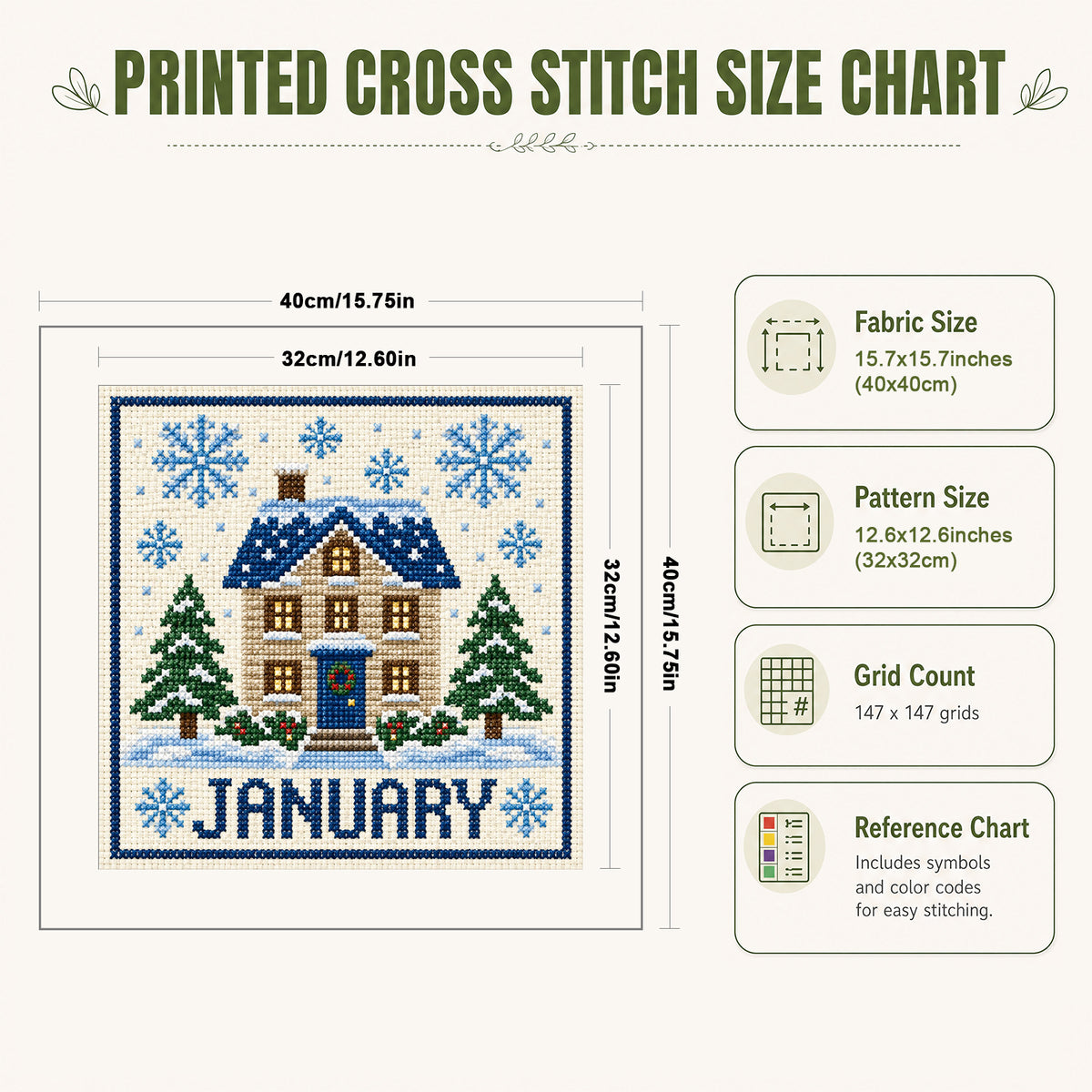Januar Winterhaus – Vollständiges 14CT gestempeltes Kreuzstichset 40x40CM – Huacan