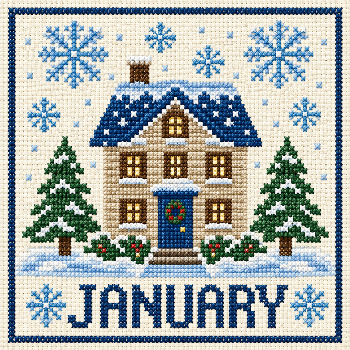 Januar Winterhaus – Vollständiges 14CT gestempeltes Kreuzstichset 40x40CM – Huacan