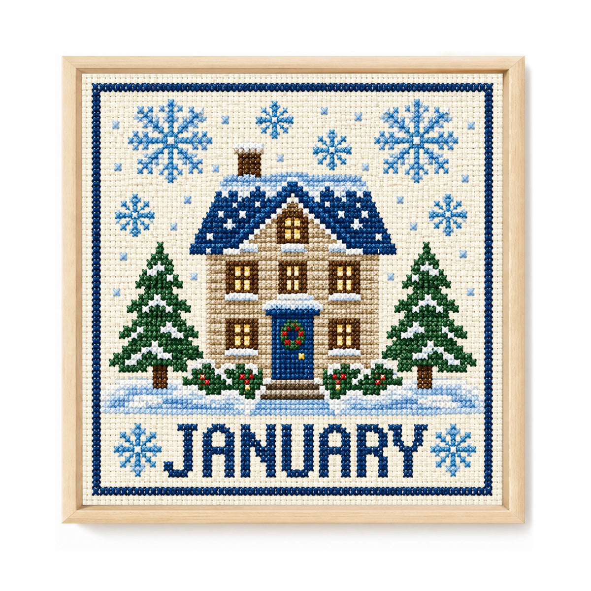 Januar Winterhaus – Vollständiges 14CT gestempeltes Kreuzstichset 40x40CM – Huacan
