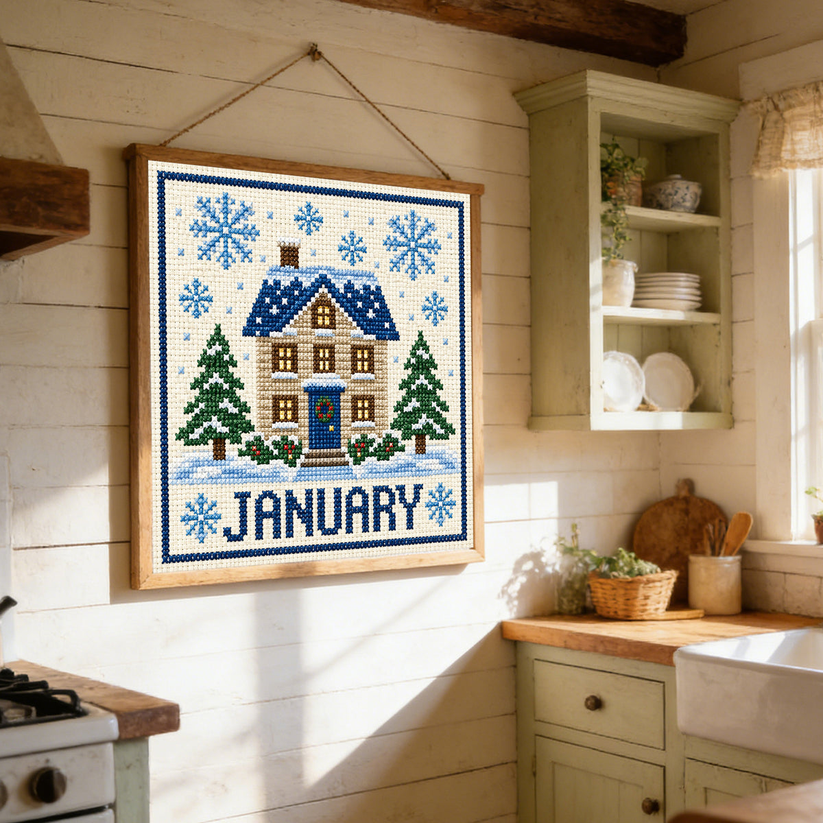 Januar Winterhaus – Vollständiges 14CT gestempeltes Kreuzstichset 40x40CM – Huacan