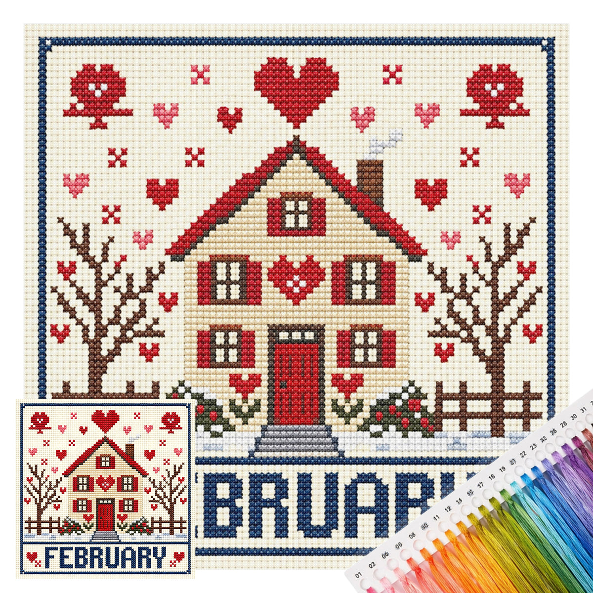 February Love Cottage - Vollständiges 14CT gestempeltes Kreuzstich-Set 40x40CM - Huacan