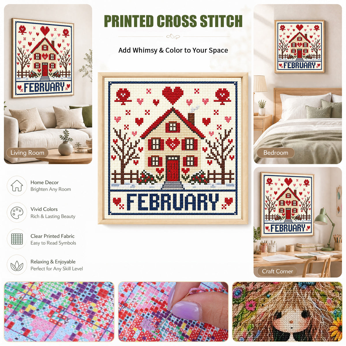 February Love Cottage - Vollständiges 14CT gestempeltes Kreuzstich-Set 40x40CM - Huacan
