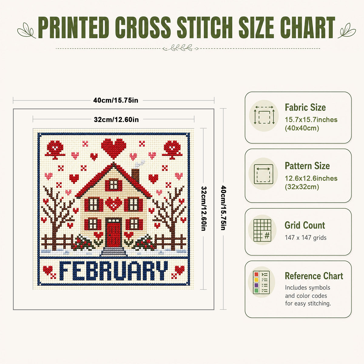 February Love Cottage - Vollständiges 14CT gestempeltes Kreuzstich-Set 40x40CM - Huacan