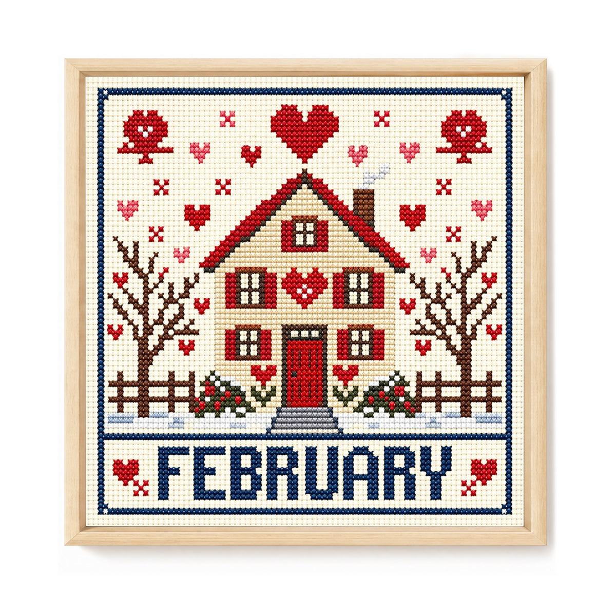 February Love Cottage - Vollständiges 14CT gestempeltes Kreuzstich-Set 40x40CM - Huacan